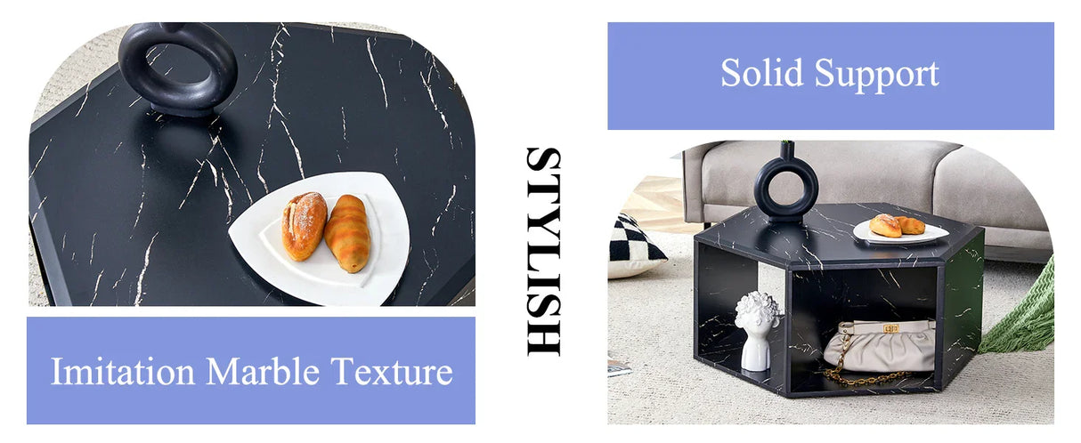 Coffee Table Hexagonal Textured Marble Look Accent Black - Furniture Home Direct