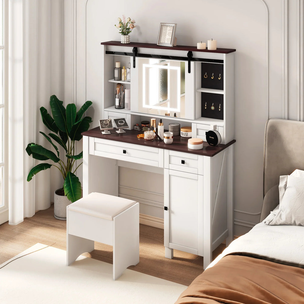 Farmhouse Makeup Vanity with Mirror and Lights - Furniture Home Direct