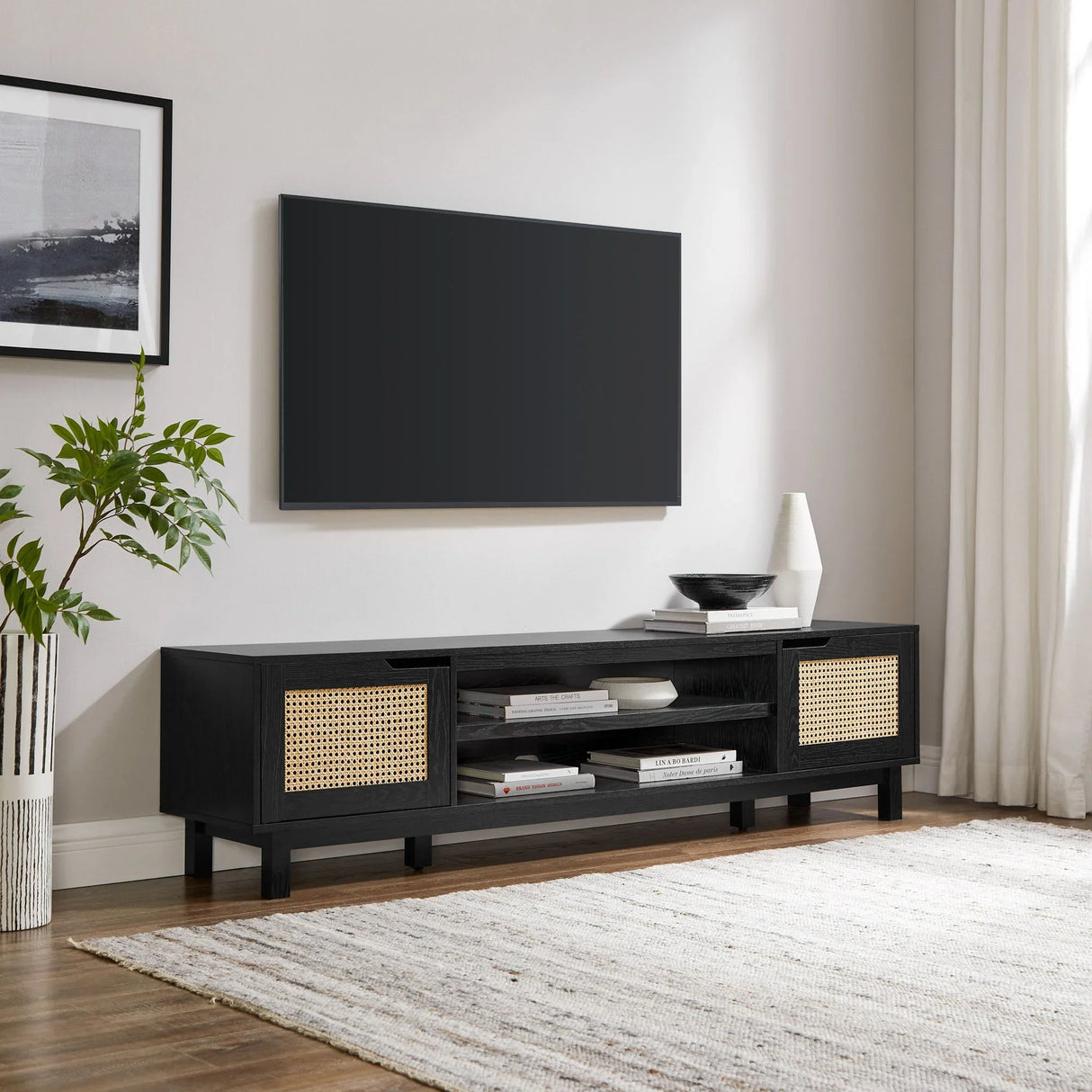 Modern Rattan Door Low TV Stand For TVs Up To 80" - Black - Furniture Home Direct