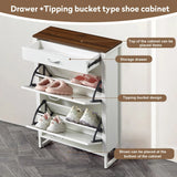 Slim Shoe Cabinet with 2 Flip Drawers - white and Walnut - Furniture Home Direct