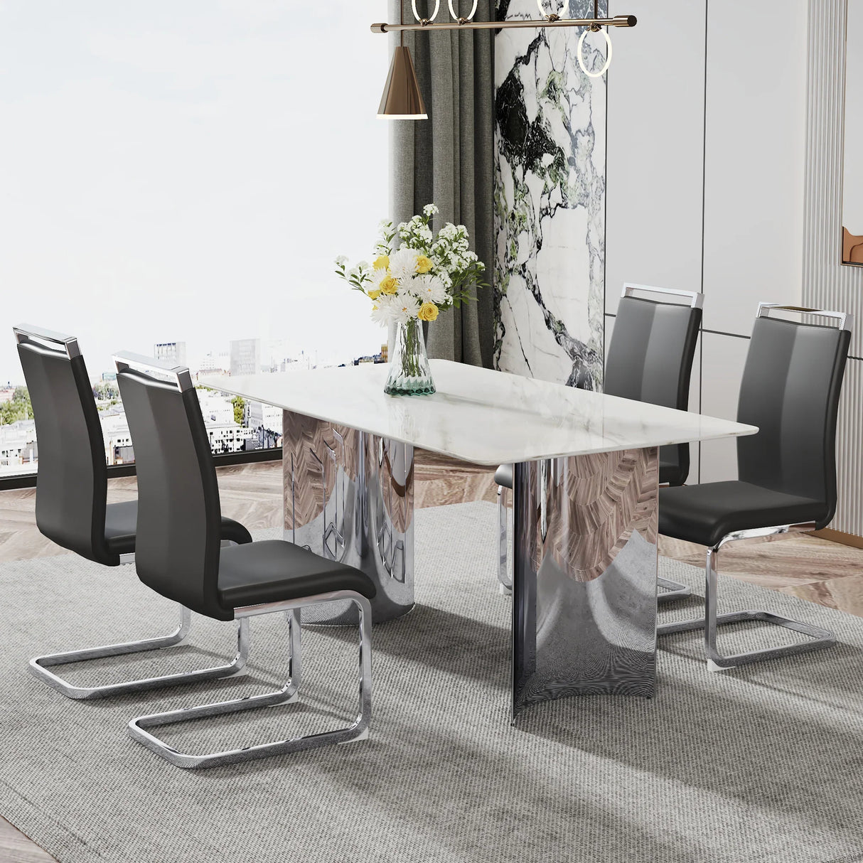 Dining Table Modern Faux Marble Top Chrome Base White - Furniture Home Direct