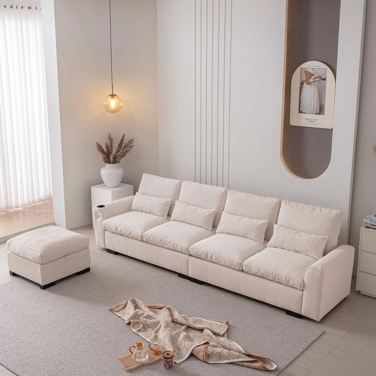 Modern Modular L Shaped Chenille Sofa Couch Reversible Ottoman With Storage Removable And Washable Cushions Sofa With USB Ports & Cup Holder For Living Room - Furniture Home Direct