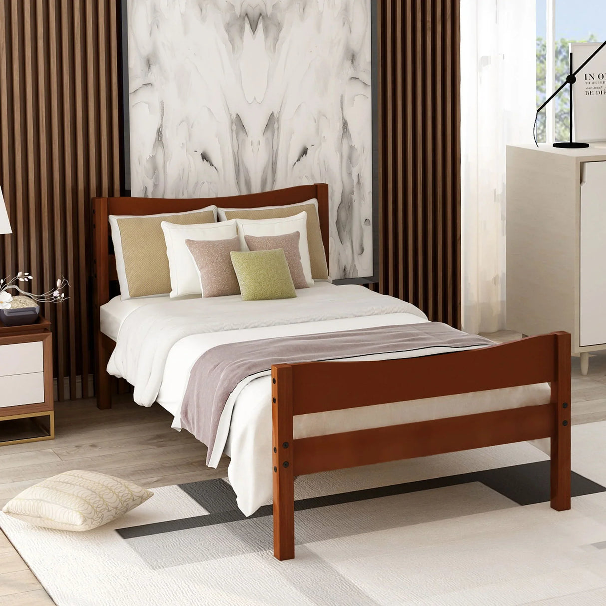 Twin Size Platform Bed With Headboard And Wooden Slat Support - Furniture Home Direct