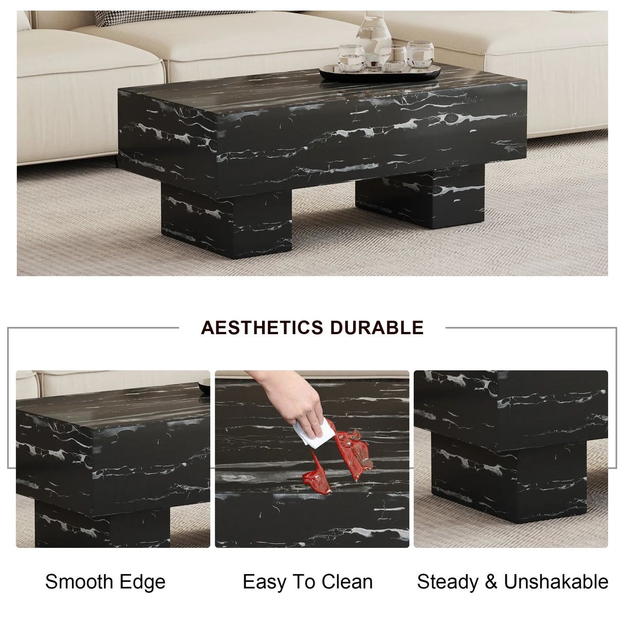 Coffee Table Modern Marble Texture With Block Base Black - Furniture Home Direct