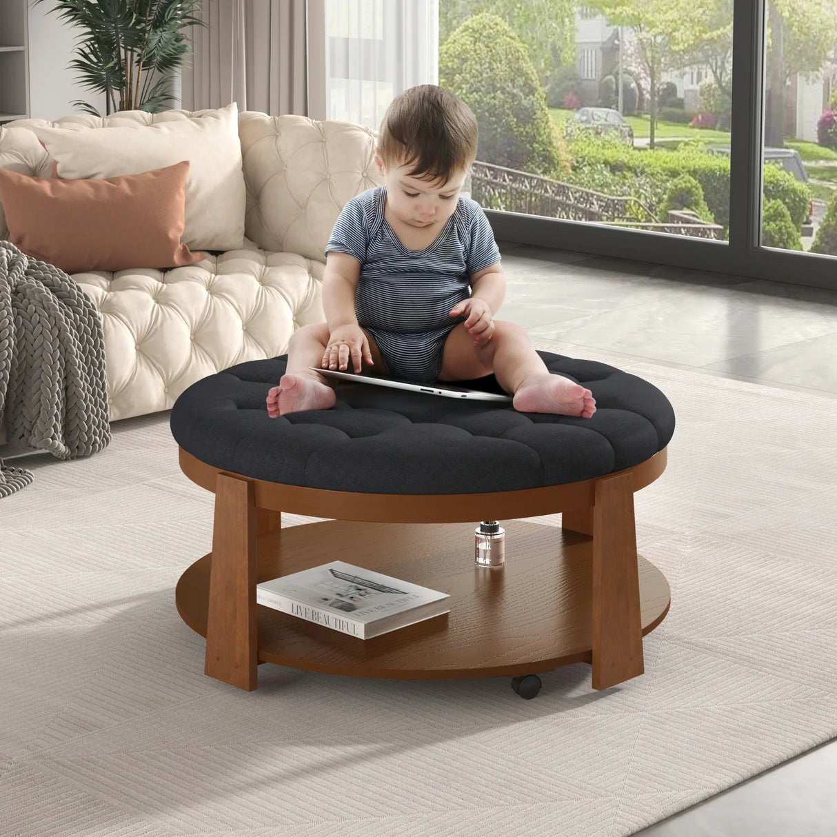 Round Ottoman Coffee Table Oversized Tufted Wood Base Black - Furniture Home Direct