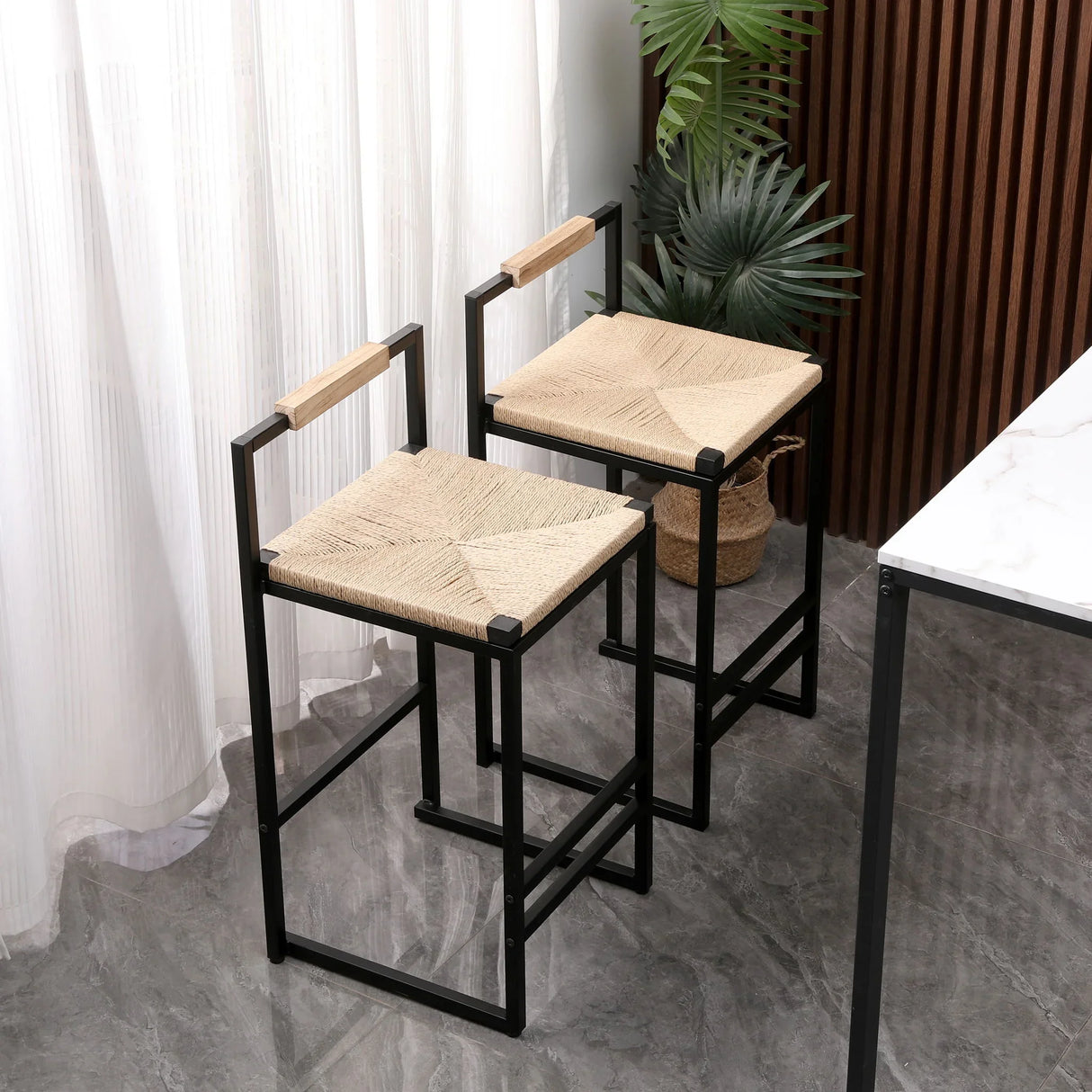 Stylish (Set of 2) Bar Stools With Backrest And Paper Rope Woven Seat, Counter Height Dining Chairs For Kitchen - Natural - Furniture Home Direct