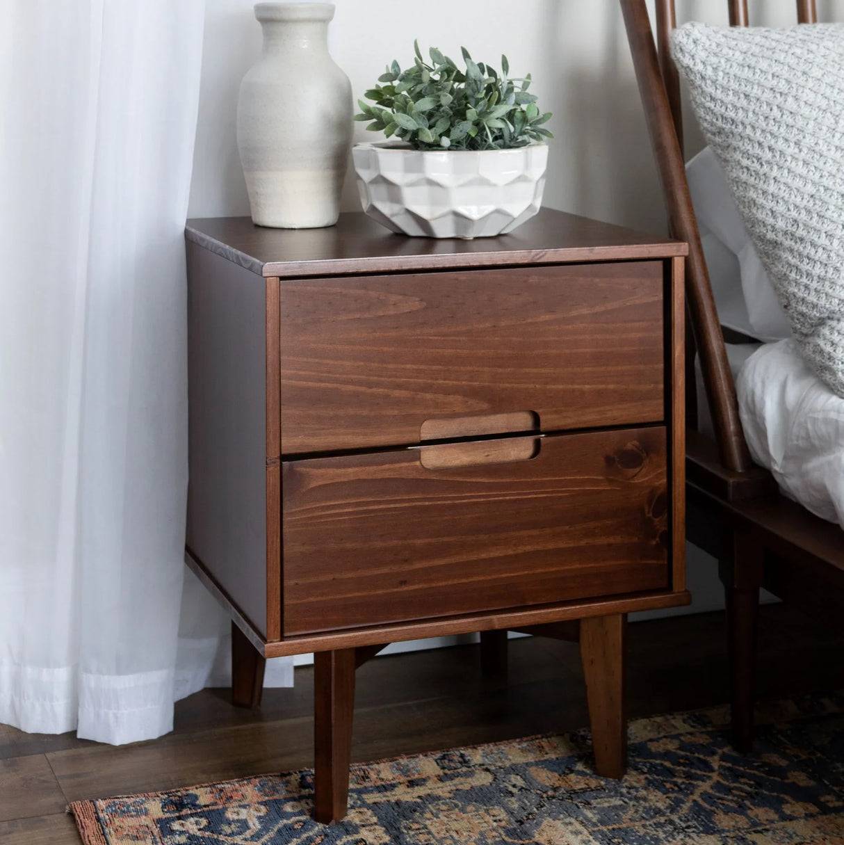 Mid-Century Modern 2 Drawer Solid Wood Nighstand With Cutout Handles - Furniture Home Direct