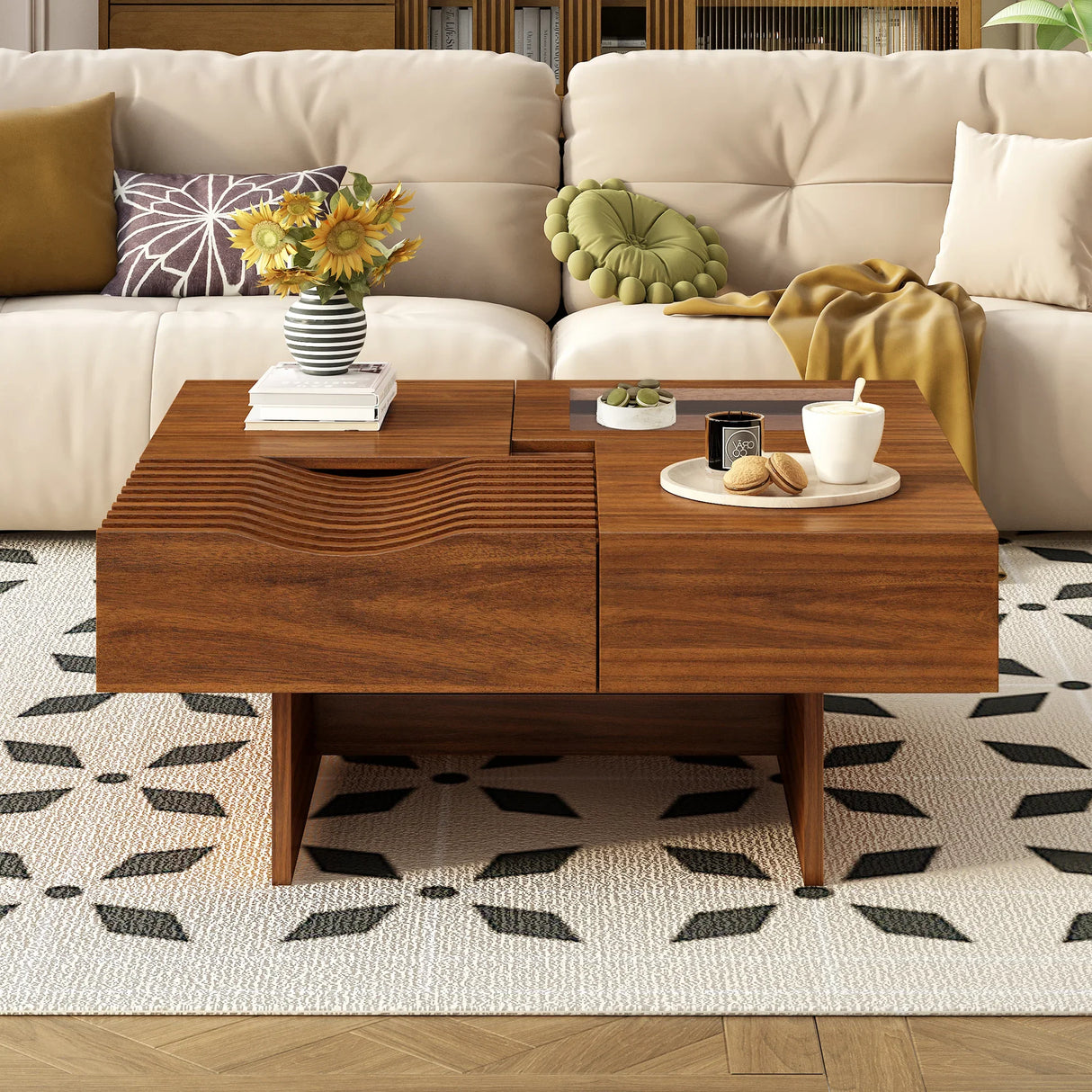 Coffee Table With Storage Drawers And Glass Top Brown - Furniture Home Direct