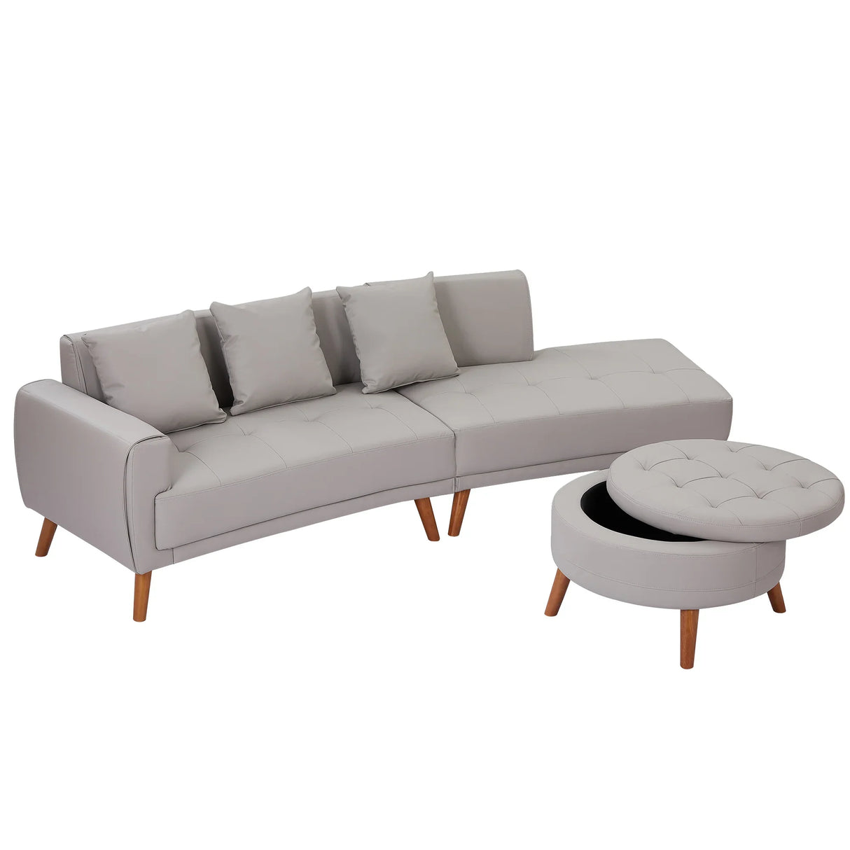 107 Inch Contemporary Sofa With Round Storage Ottoman Grey - Furniture Home Direct
