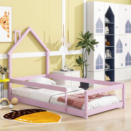 Wood Bed With House Shaped Headboard Floor Bed With Fences - Furniture Home Direct