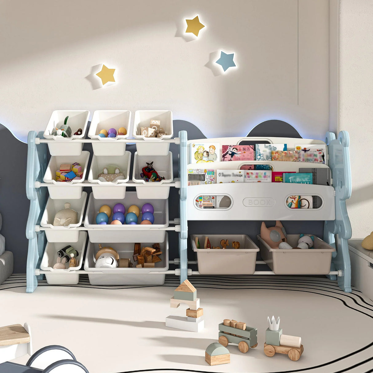 Kids Toy Storage Organizer With 2 Tier Bookshelf, Toy Storage With 12 Bins - Furniture Home Direct