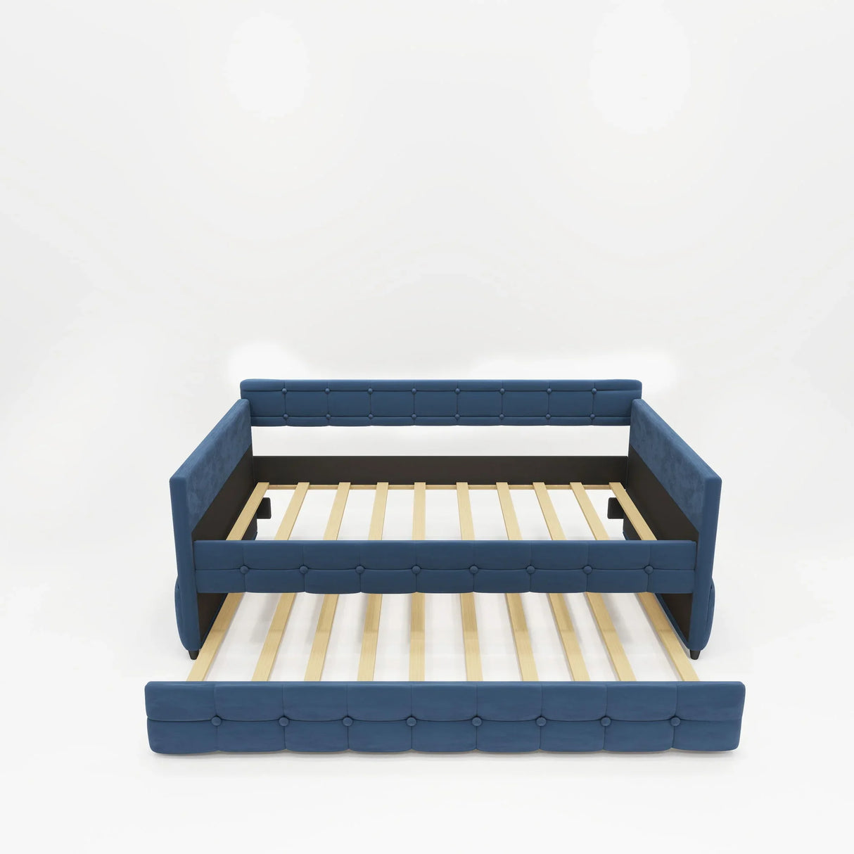 Upholstered Twin Size Daybed Bed Frame (Corner Bed) With Trundle, Velvet Fabric, Studding Design, No Box Spring Required - Furniture Home Direct