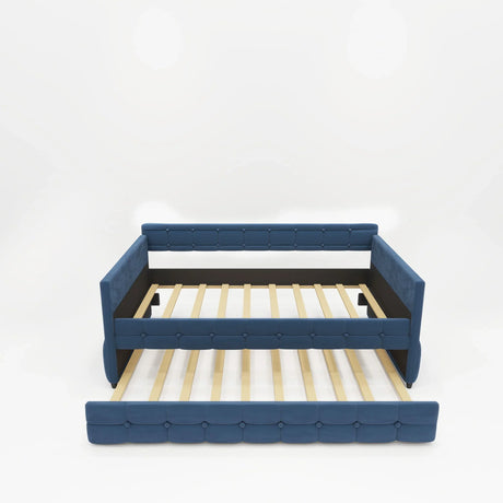 Upholstered Twin Size Daybed Bed Frame (Corner Bed) With Trundle, Velvet Fabric, Studding Design, No Box Spring Required - Furniture Home Direct