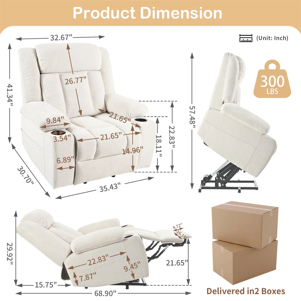 Power Lift Recliner Chair With Extended Footrest, Remote Control, Cup Holders, And Side Pockets - Furniture Home Direct