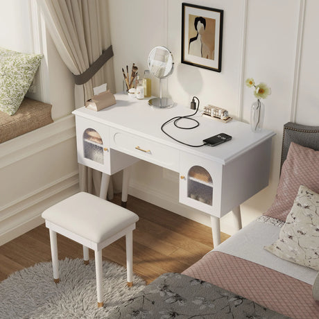 Elegant Vanity Makeup Table & Chair Set Modern Dressing Table With Organizer Writing Desk Charging Port Engineered Wood - White - Furniture Home Direct