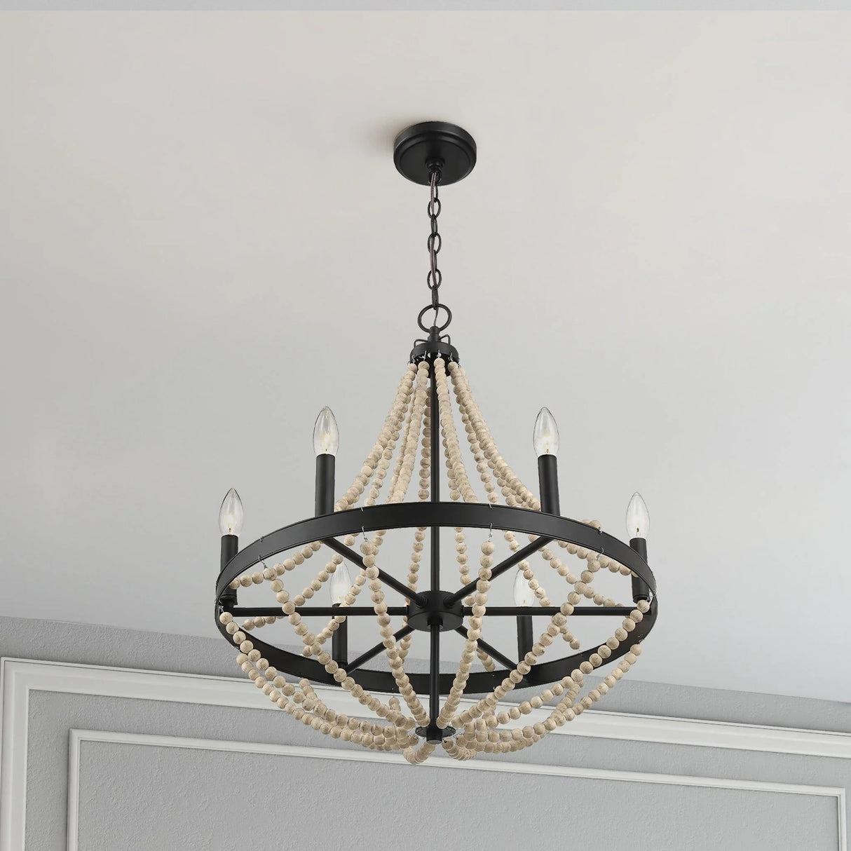 Starry - Chandelier Farmhouse Six Candle Light Wood Beaded Pendant Light For Dining Room - Black / Clear - Furniture Home Direct