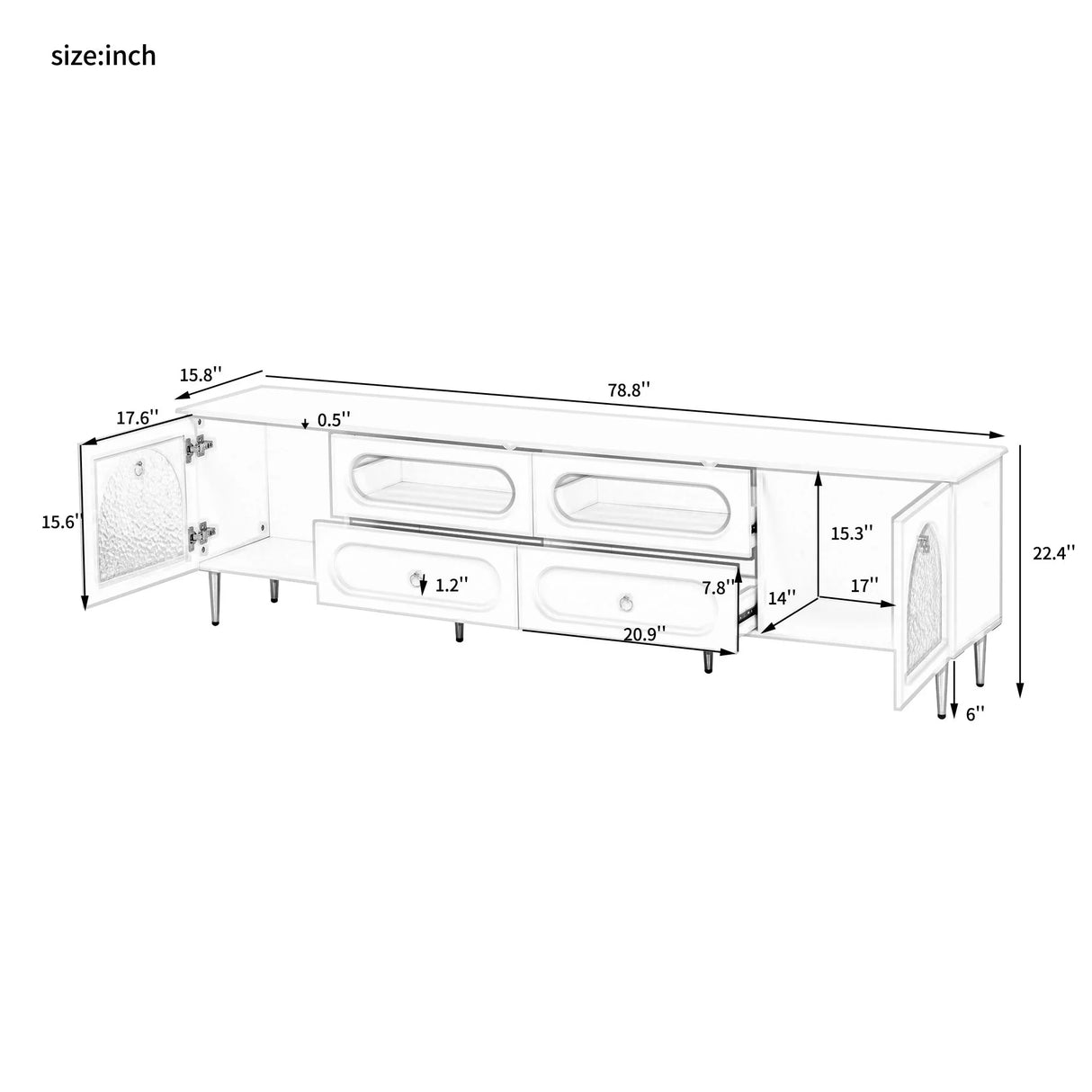 Retro TV Stand With 6 Metal Legs, 2 Cabinets, 4 Drawers And Anti-Tip Device - Furniture Home Direct