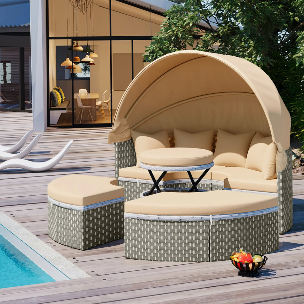 Outdoor Daybed With Canopy Weatherproof Rattan Beige - Furniture Home Direct