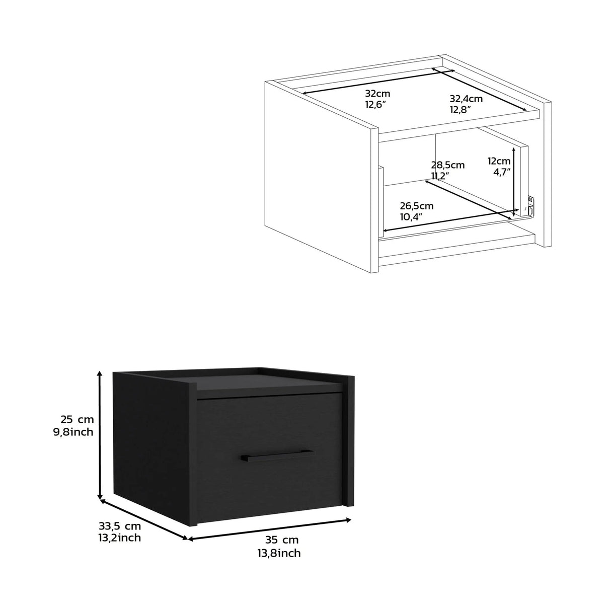 Floating Nightstand, Space Saving Design With Handy Drawer And Surface - Black - Furniture Home Direct
