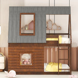 Wood Twin Size House Bunk Bed With Roof, Ladder And 2 Windows - Oak & Smoky Gray - Furniture Home Direct