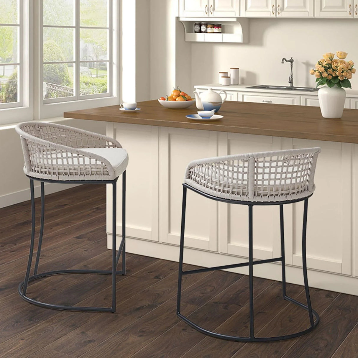 Coastal Woven Counter Stool With Upholstered Seat - Furniture Home Direct