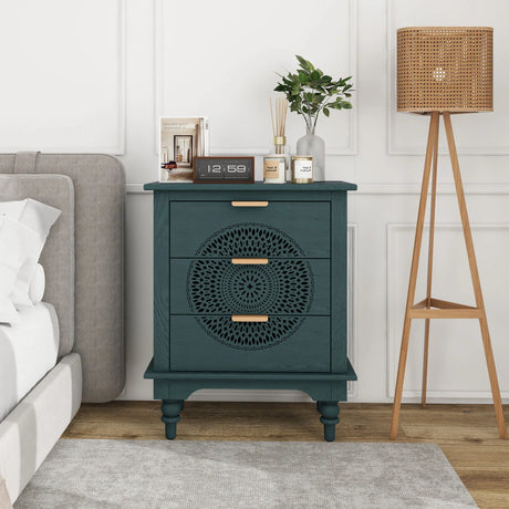 Hollow Carved 3 Drawer Dresser With Metal Handles, Storage Chest For Living Room Or Bedroom - Blackish Green - Furniture Home Direct