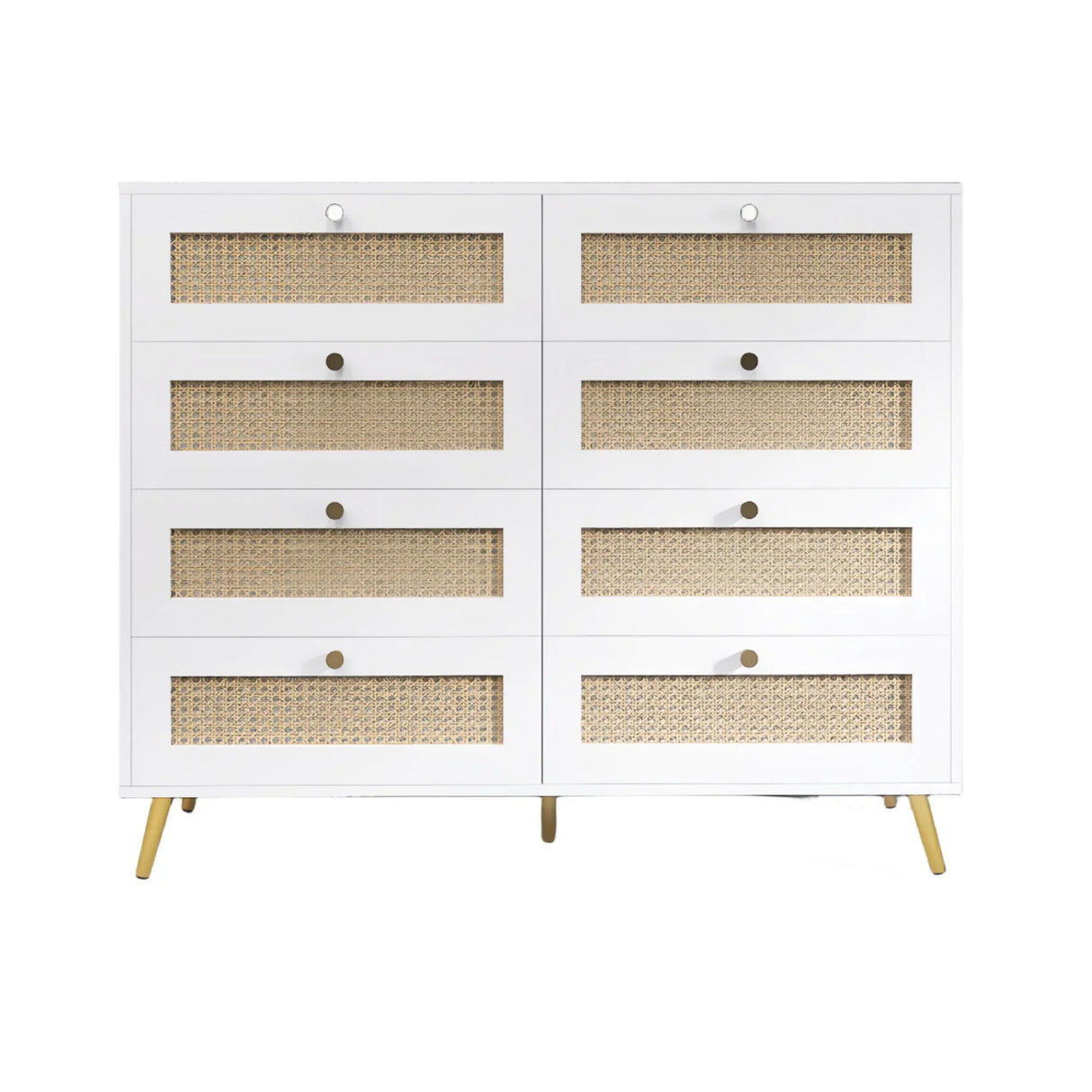 8 Drawers Chest Of Drawers With Rattan Drawer Face Golden Legs And Handles - White - Furniture Home Direct