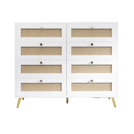 8 Drawers Chest Of Drawers With Rattan Drawer Face Golden Legs And Handles - White - Furniture Home Direct