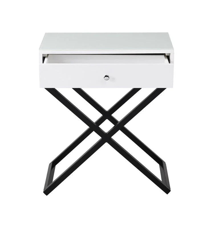 Koda - Wooden End Side Table Nightstand With Glass Top, Drawer And Metal Cross Base - Furniture Home Direct