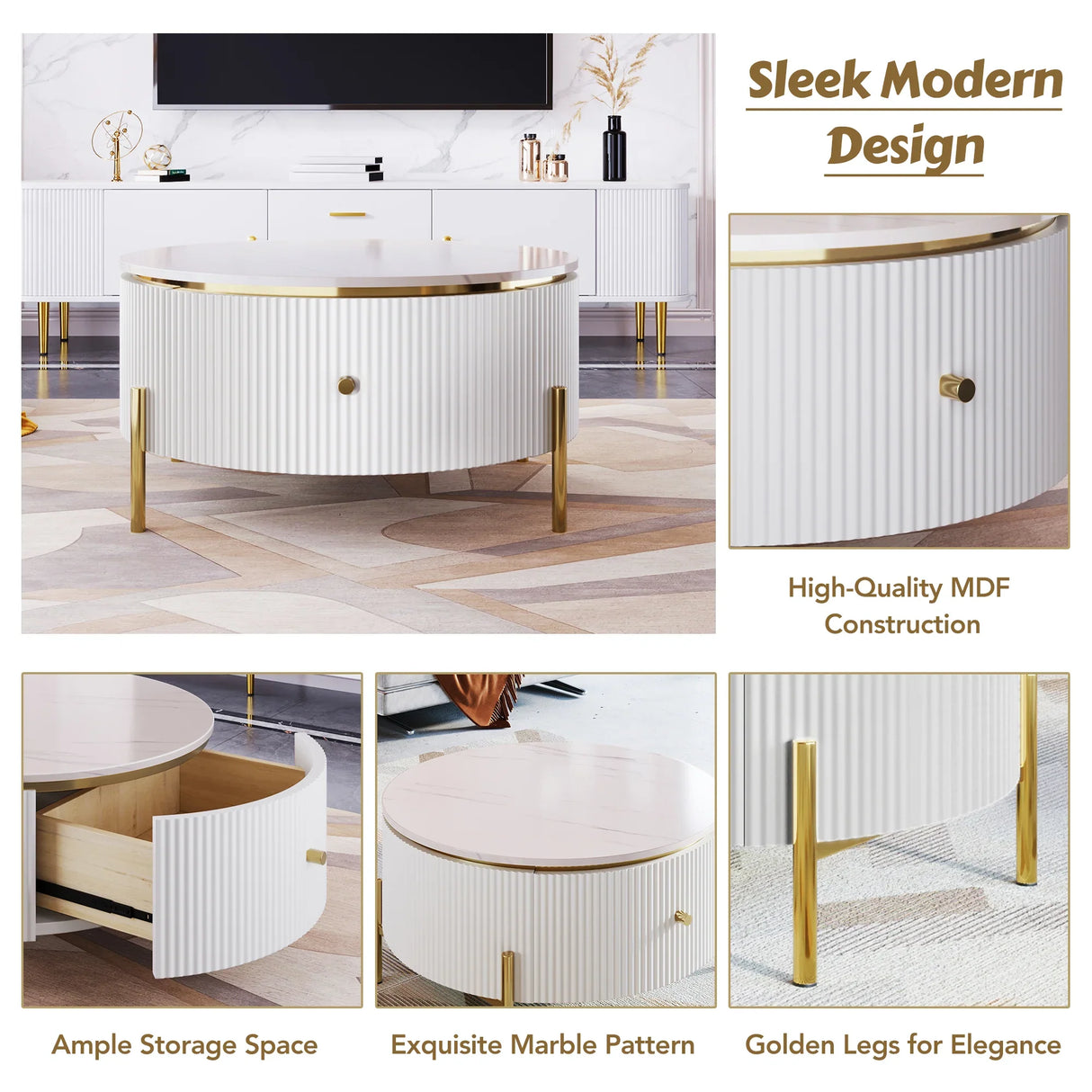 Round Coffee Table with Drawers and Gold Accents White - Furniture Home Direct