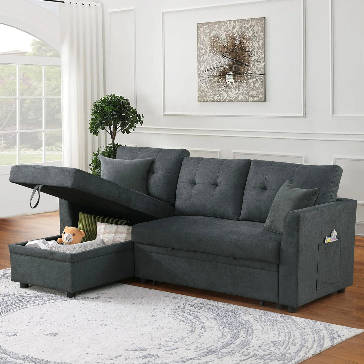 Sectional Sofa Bed L Shaped Sofa Couch Bed With USB Port, Reversible Chaise With Storage - Furniture Home Direct