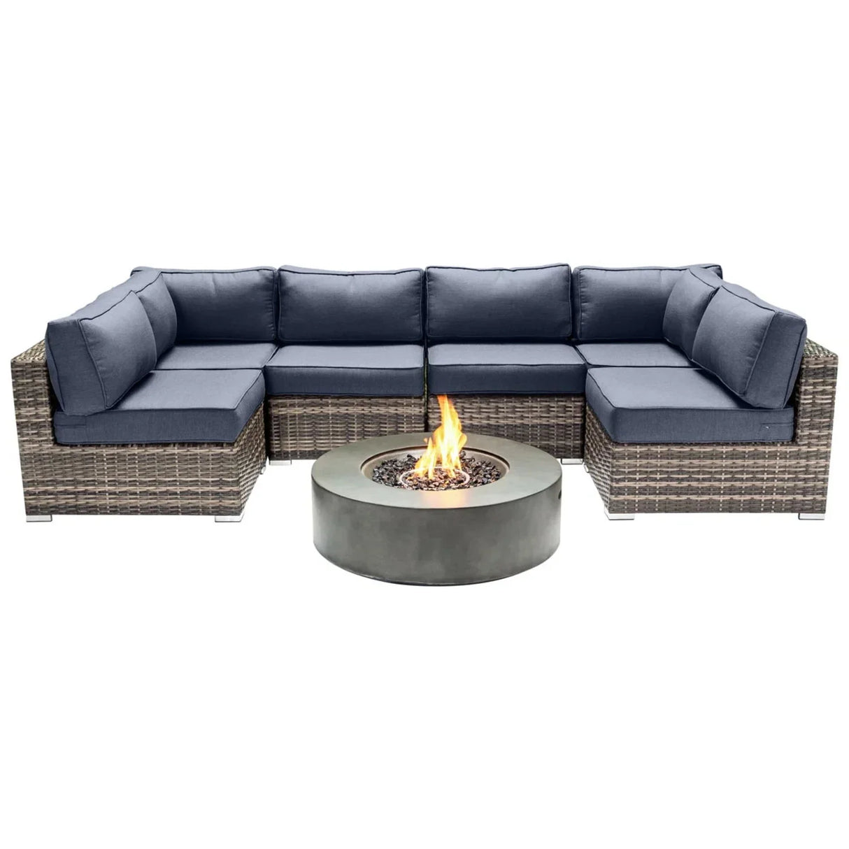 Outdoor 7 Piece Sectional Seating Group With Cushions And Fire Pit - Gray / Navy - Furniture Home Direct