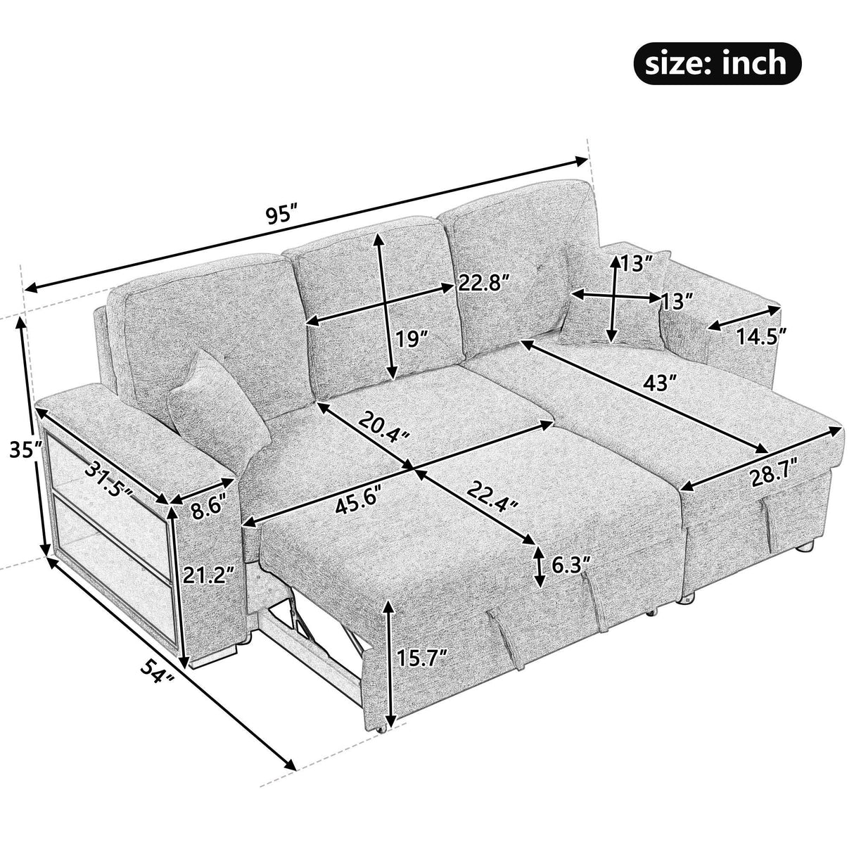 Reversible Sleeper Sectional Sofa Bed With Side Shelf And 2 Stools, Pull-Out L-Shaped Sofa Bed, Corner Sofa-Bed With Storage Chaise Left / Right Hande For Living Room - Furniture Home Direct