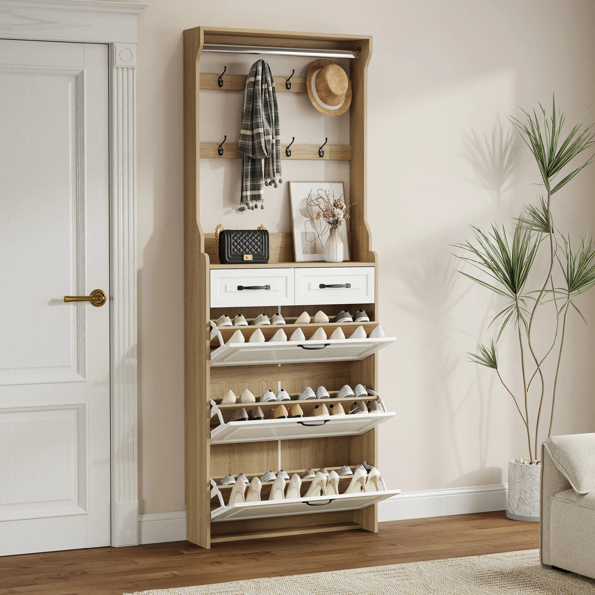 Shoe Cabinet With 3 Doors 2 Drawers With Hanger, Door With Shape, Large Space For Storage - Furniture Home Direct