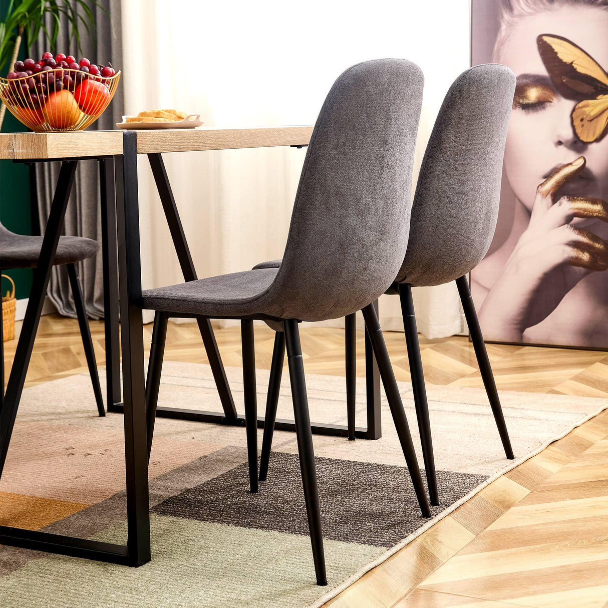 Dining Chair Set Modern Upholstered Linen Cotton Dark Gray - Furniture Home Direct