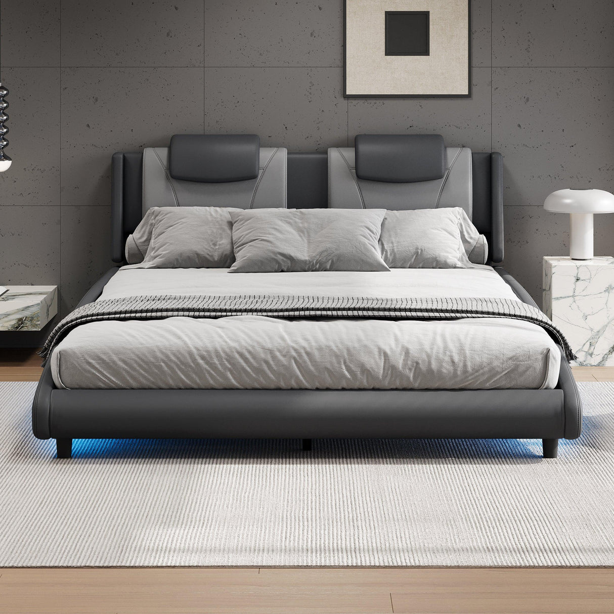 Platform Bed Faux Leather Upholstered LED Lighting Gray - Furniture Home Direct