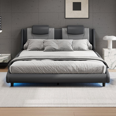 Platform Bed Faux Leather Upholstered LED Lighting Gray - Furniture Home Direct