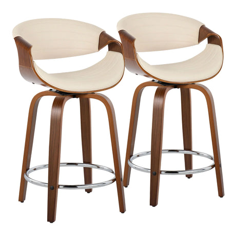Symphony - Mid-Century Modern Fixed Height Counter Stool With Swivel And Round Footrest (Set of 2) - Walnut / Cream - Furniture Home Direct