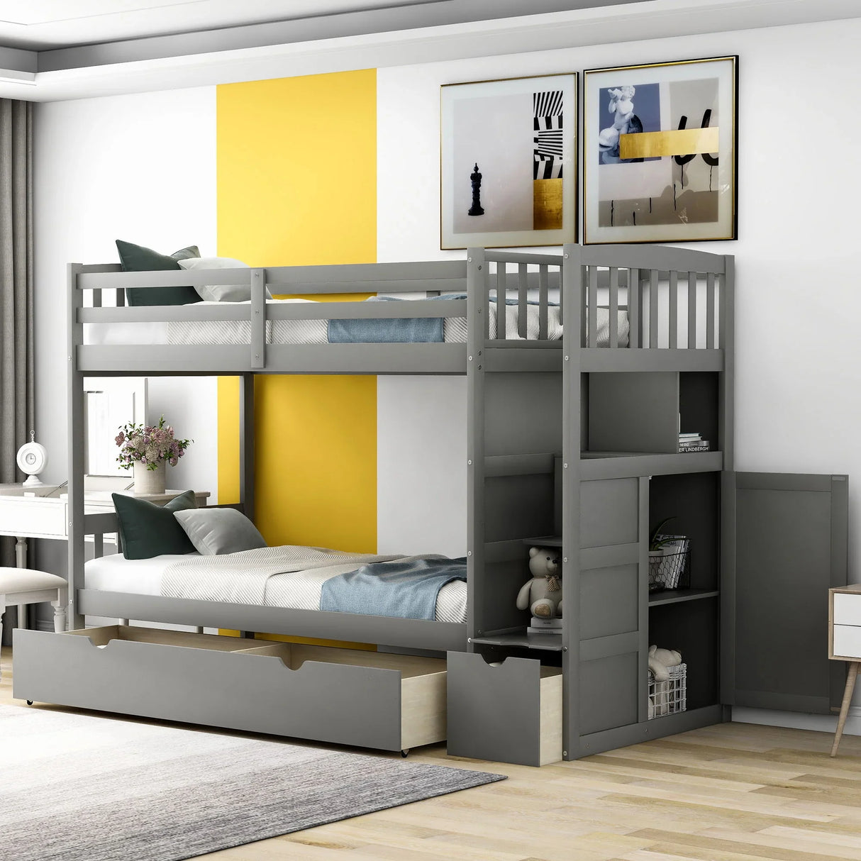 Bunk Bed, Convertible Bottom Bed, Storage Shelves And Drawers - Furniture Home Direct
