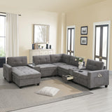 Sectional With Acrylic Table Top U Shaped Couch Set With 2 Consoles USB Charger, Storage Drawers And Pockets Movable Ottoman Tufted Sofa - Furniture Home Direct