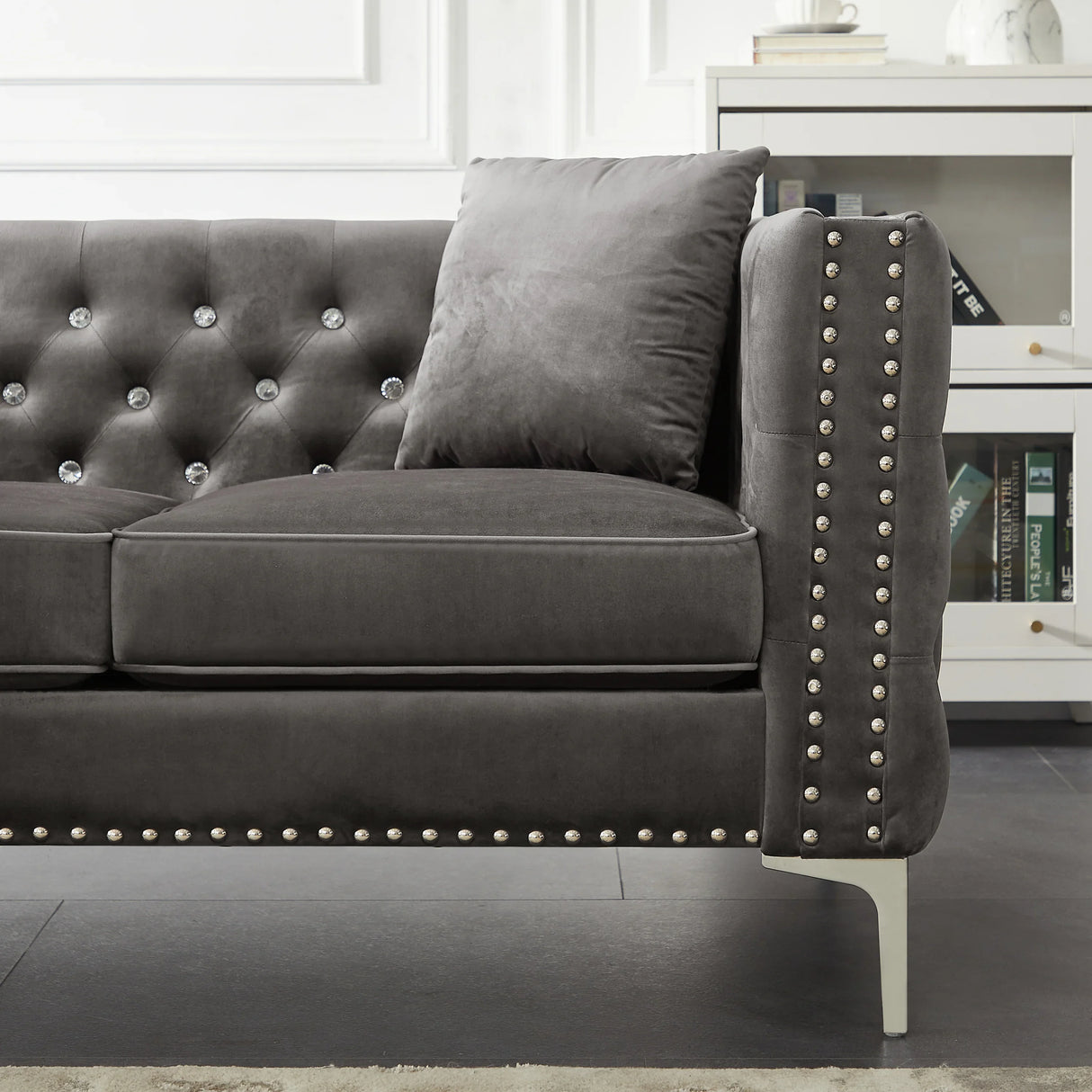 2 Piece Velvet Living Room Set with Sofa and Loveseat and 4 Pillows - Gray - Furniture Home Direct