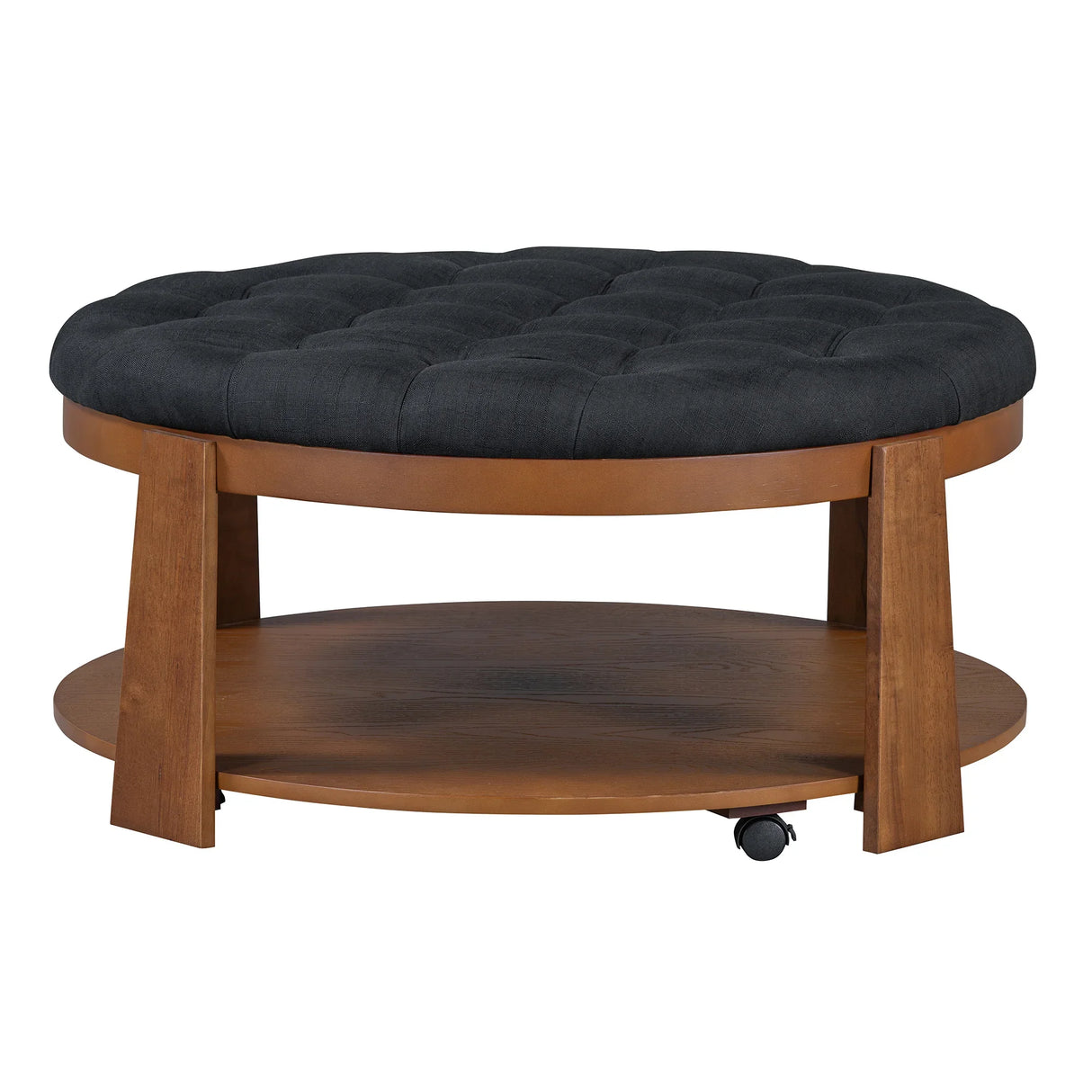 Round Ottoman Coffee Table Oversized Tufted Wood Base Black - Furniture Home Direct