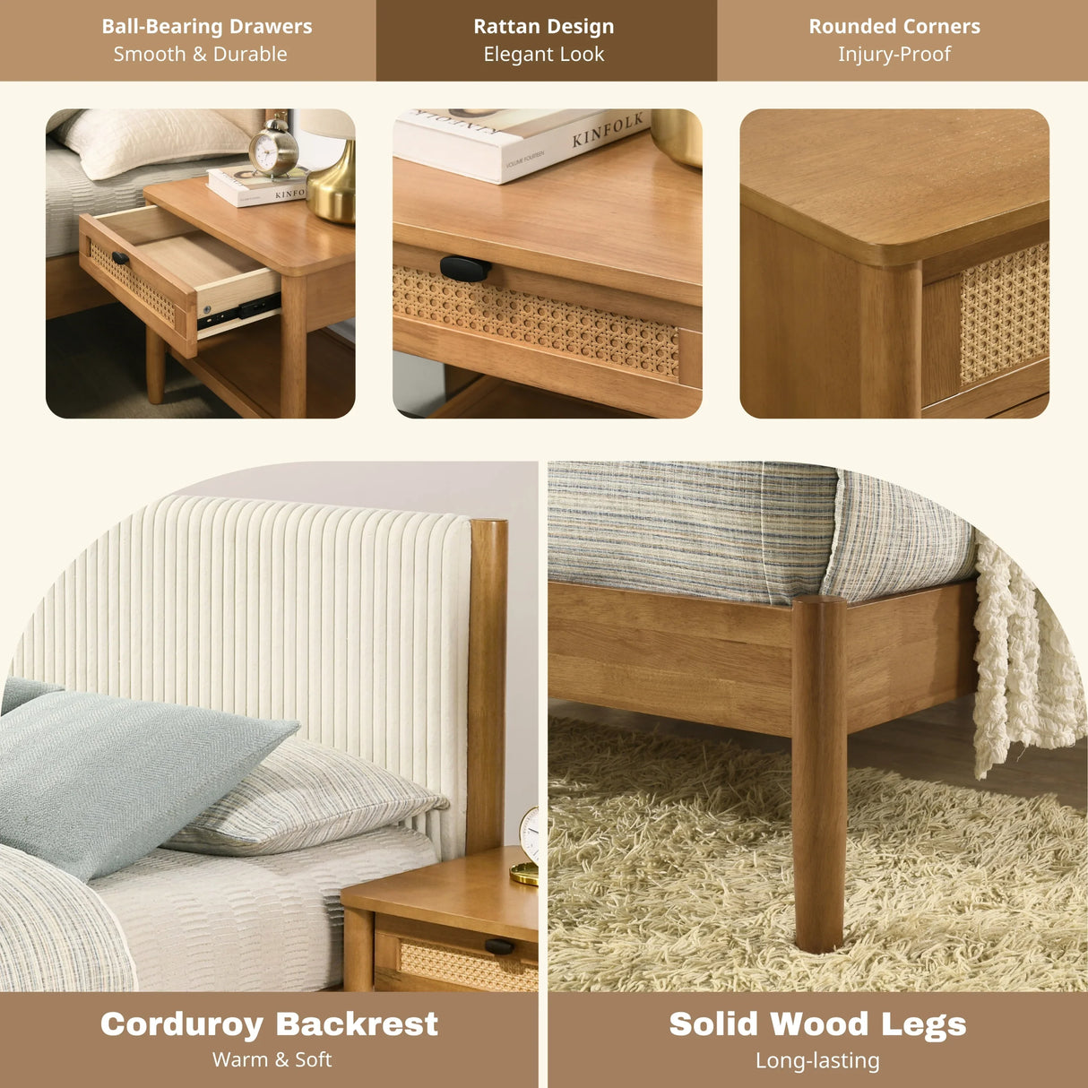 Bedroom Set 5 Piece Corduroy Upholstered Queen Bed Walnut - Furniture Home Direct