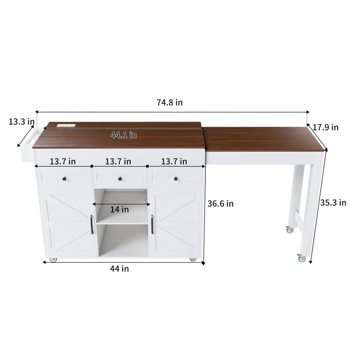 Modern Kitchen Island With Extendable Dining Table & Power Outlet - White - Furniture Home Direct
