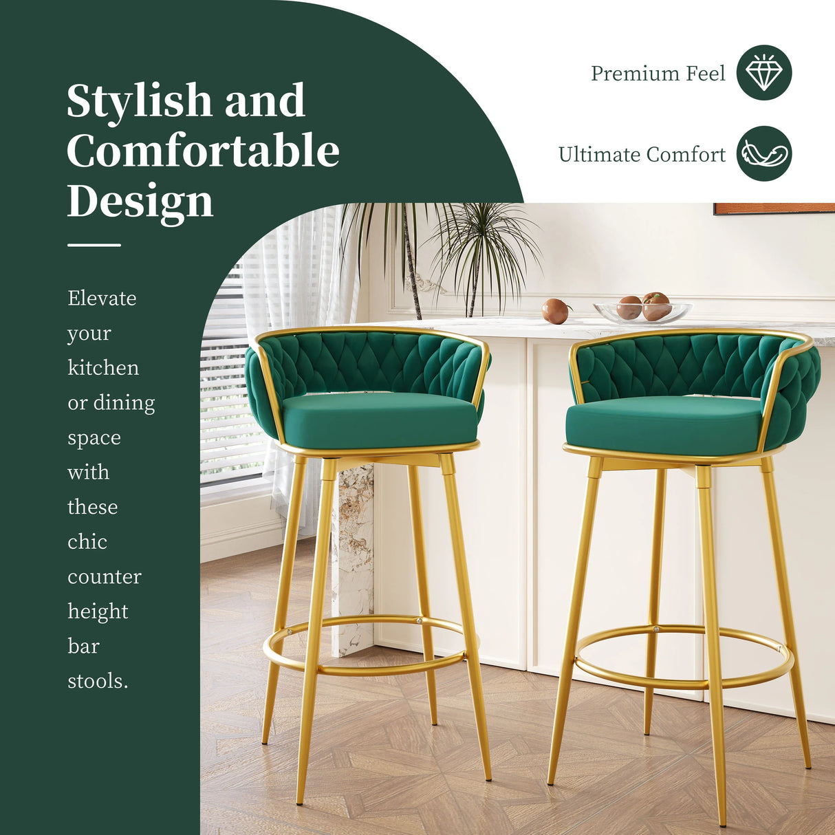 Counter Height Stools Tufted Velvet Gold Frame Green - Furniture Home Direct