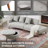 107 Inch Contemporary Sofa With Round Storage Ottoman Grey - Furniture Home Direct
