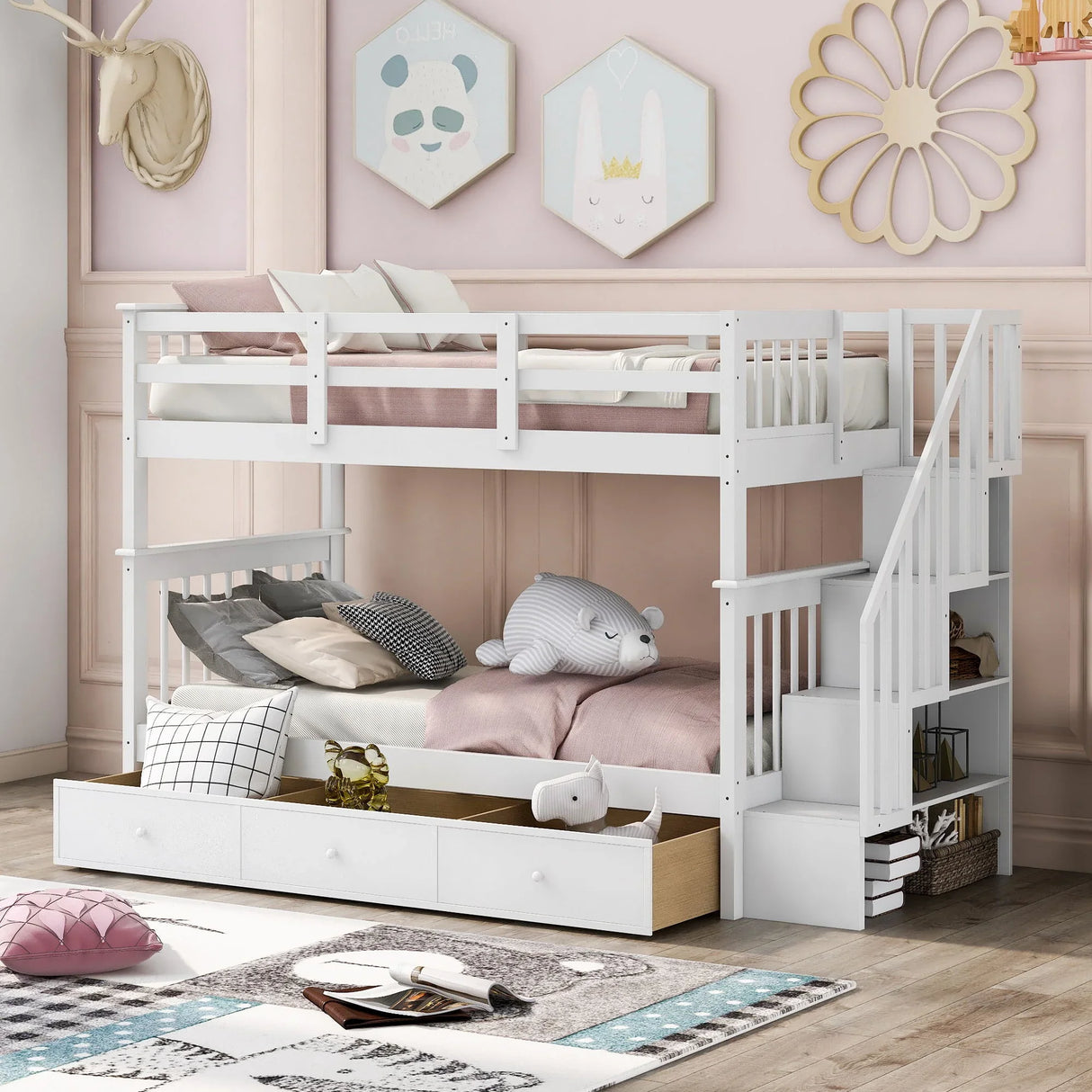 Stairway Bunk Bed With Storage And Guard Rail For Bedroom - Furniture Home Direct