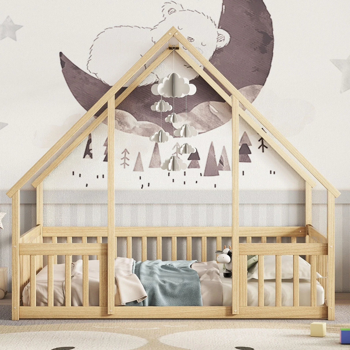 Wood House-Shaped Floor Bed With Fence, Guardrails - Furniture Home Direct