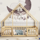 Wood House-Shaped Floor Bed With Fence, Guardrails - Furniture Home Direct