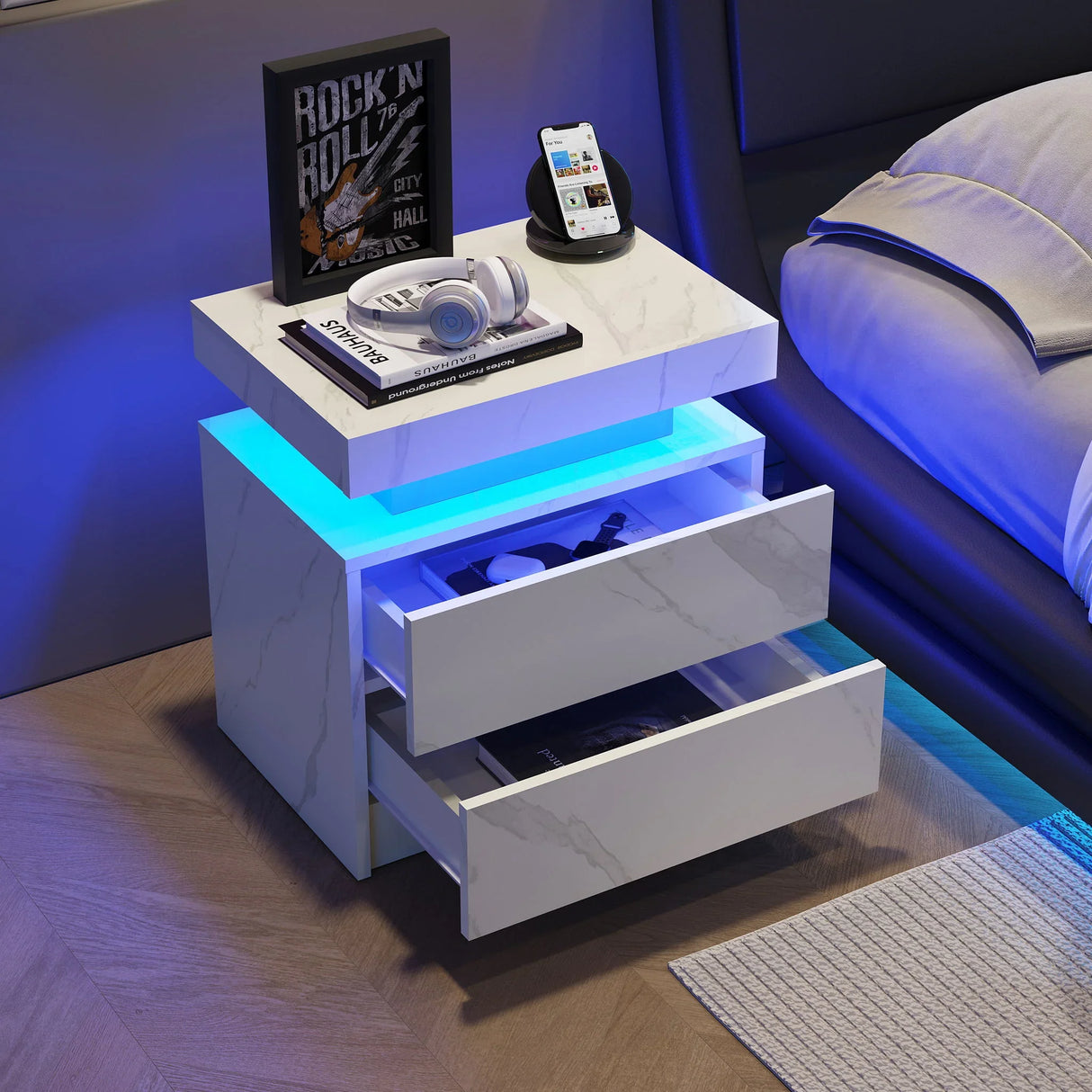 Nightstand LED, Bedside Table Cabinet With 2 Drawers For Bedroom - Furniture Home Direct